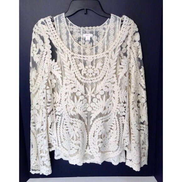 Crochet Lace Blouse M Cream Sheer Embroidered Boho Cottage Romantic Holiday Top - Picture 2 of 10